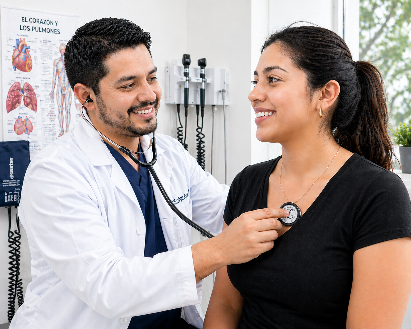 Médico examinando a paciente con fonendoscopio Littmann Classic III negro 5620 en consultorio clínico, imagen de uso real.