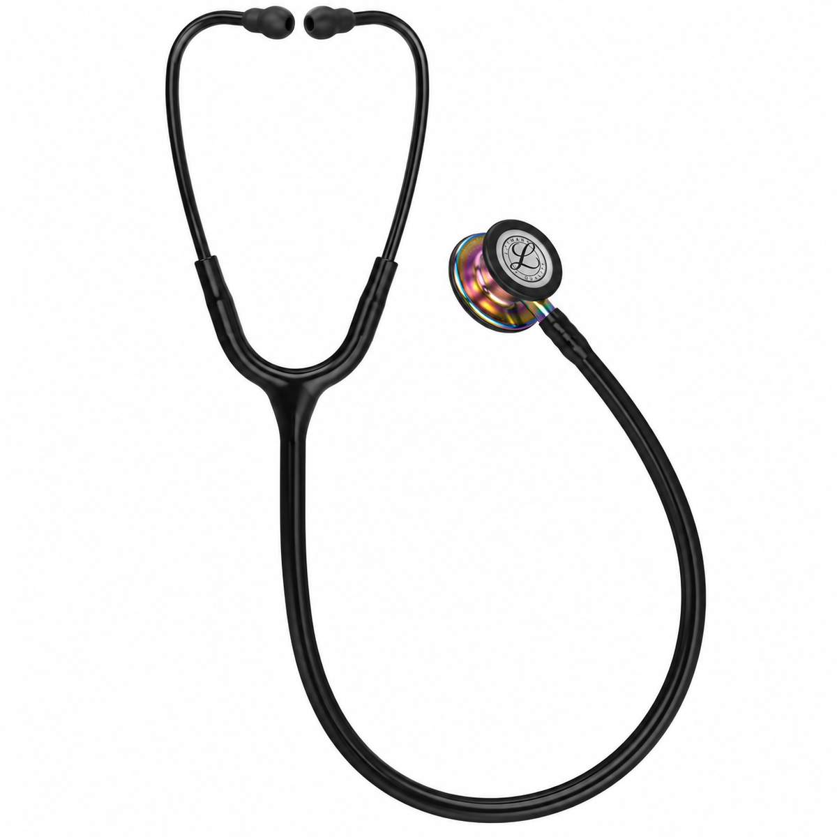 Fonendoscopio 3M Littmann Classic III con tubo negro y campana arcoíris, referencia 5870, para auscultación clínica profesional.