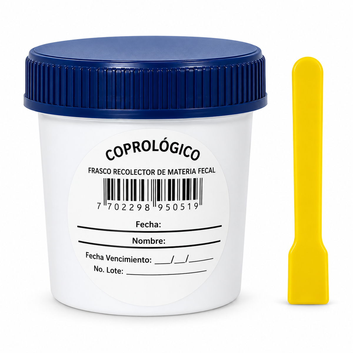 Frasco recolector Allmed para muestra de materia fecal con tapa rosca, presentación de 50 unidades para análisis de laboratorio.