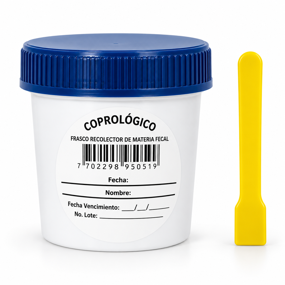 Frasco recolector Allmed para muestra de materia fecal con tapa rosca, presentación de 1 unidad para análisis de laboratorio.
