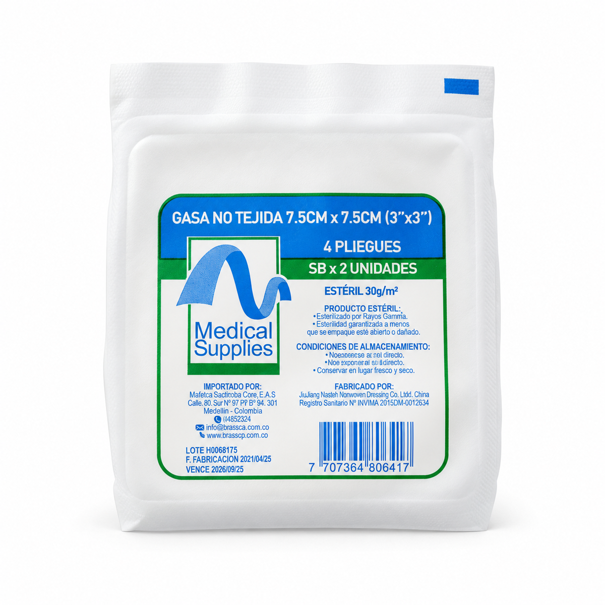 Gasa estéril no tejida Medical Supplies de 7.5 x 7.5 cm, paquete de 2 unidades para curaciones y protección de heridas.