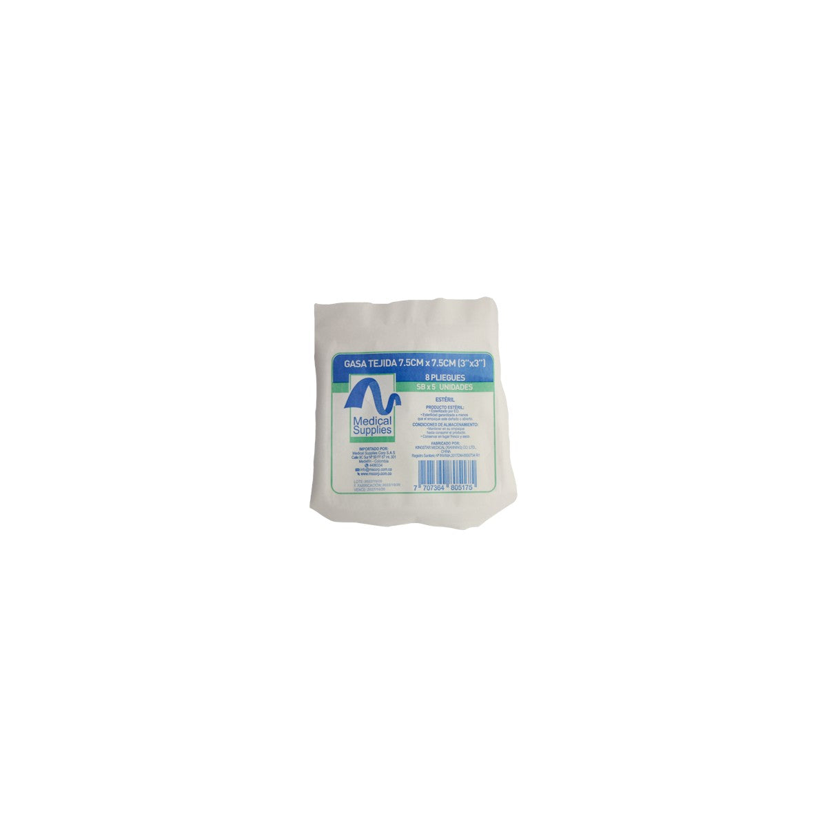 Gasa no tejida de 7.5x7.5 cm, presentada en un sobre de 5 unidades, ideal para uso médico y curaciones.