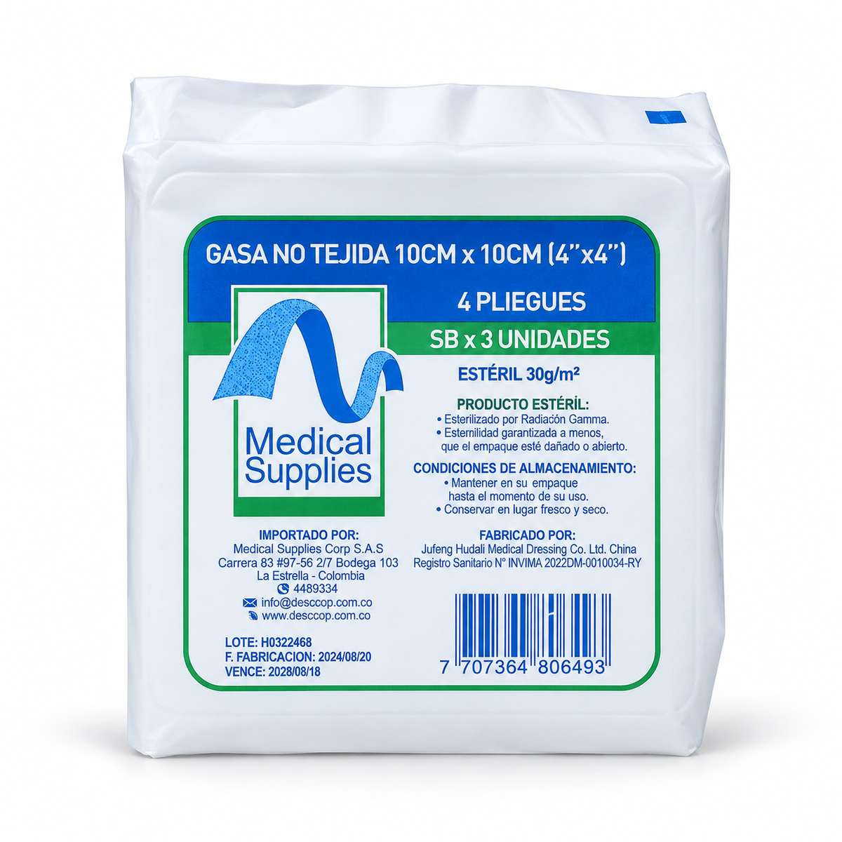 Gasa no tejida estéril Medical Supplies de 10 x 10 cm, presentación de 3 unidades para curaciones y cuidado de heridas.