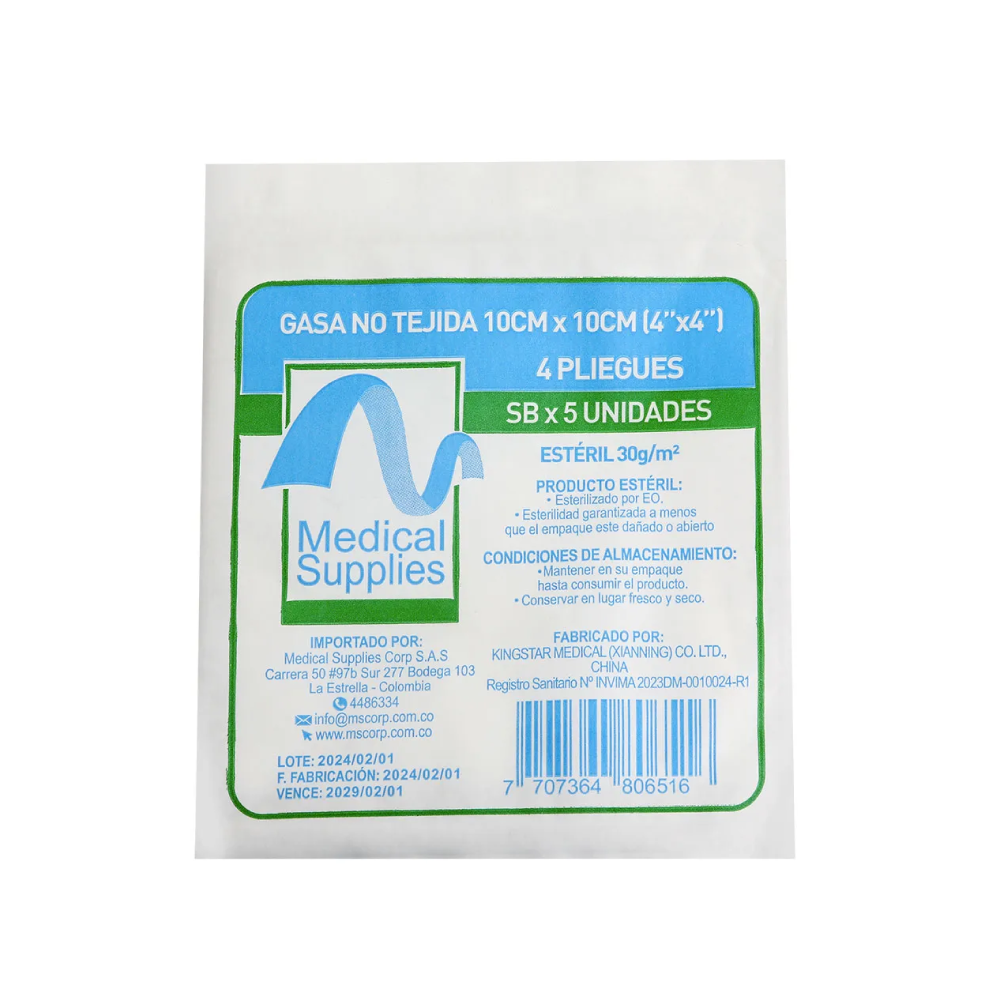 Gasa no tejida estéril 10x10 cm Medical Supplies paquete por 5 unidades para curaciones y uso clínico