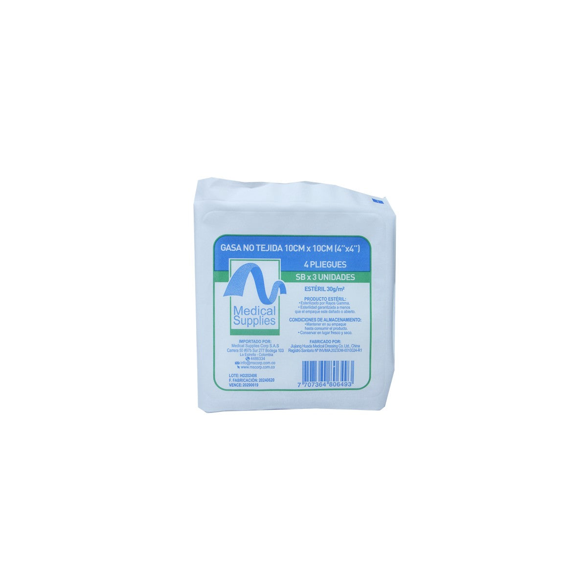 Gasa no tejida estéril de 10x10 cm, color blanco, presentada en un paquete de 3 unidades, ideal para uso médico.