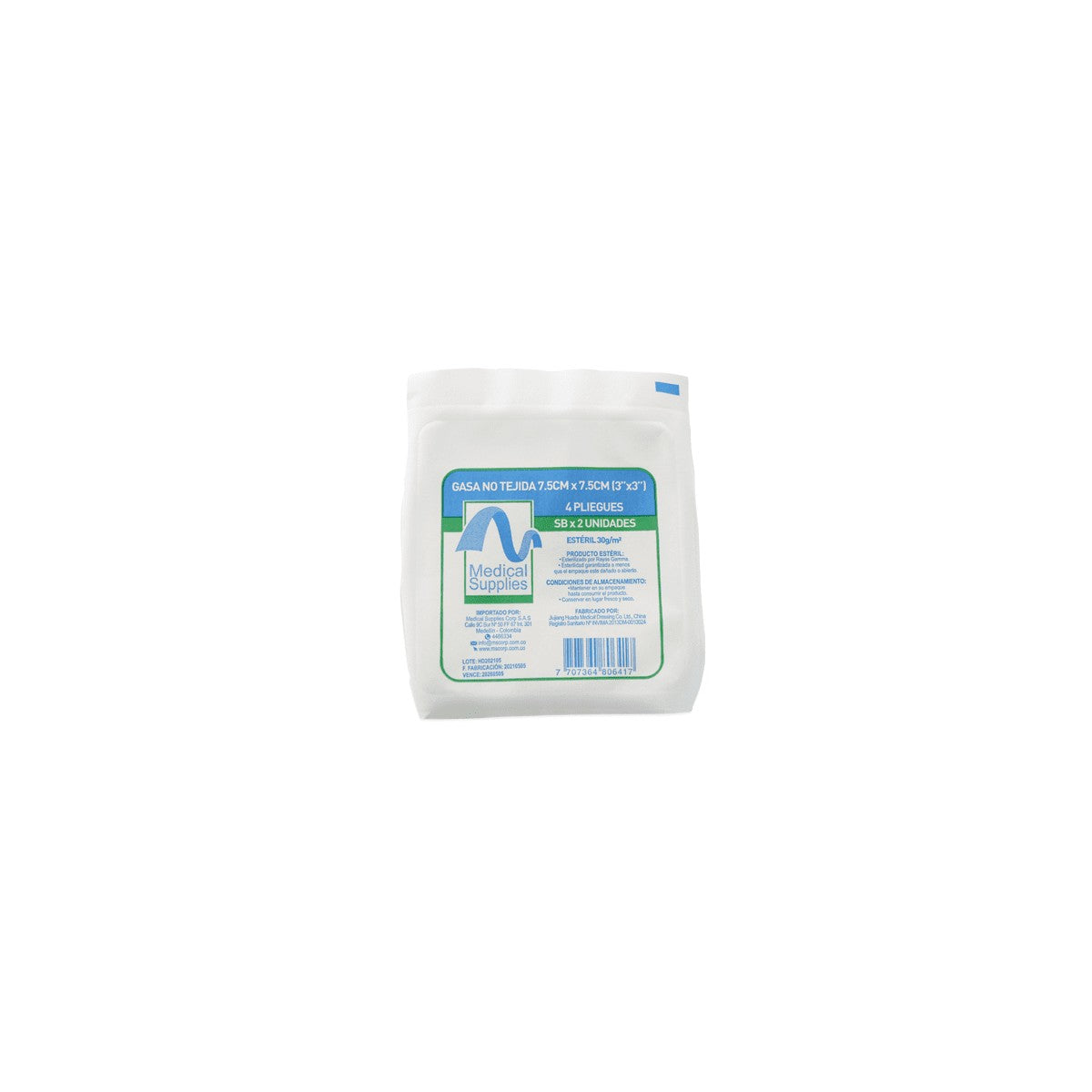 Gasa no tejida estéril de 7.5x7.5 cm, color blanco, presentada en un empaque de 2 unidades, ideal para uso médico.