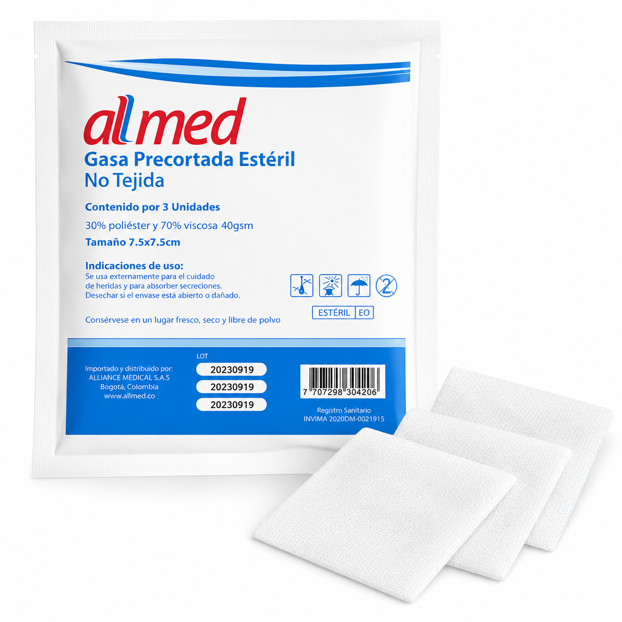Gasa Precortada No Tejida Estéril 7.5cm x 7.5cm - Allmed