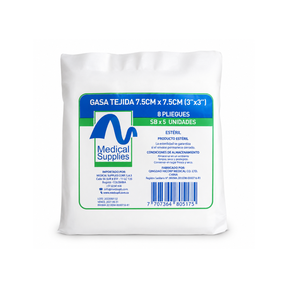 Gasa tejida 7.5x7.5 cm Medical Supplies paquete por 5 unidades estériles para curaciones y uso clínico