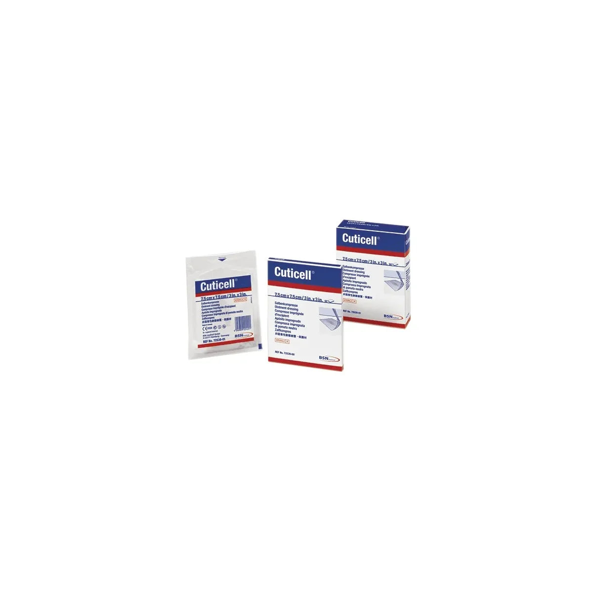 Vendaje de baja adherencia Cuticell de Derma Sciences, 7.5 cm x 7.5 cm, estéril, con ungüento hidrofóbico, para heridas superficiales.