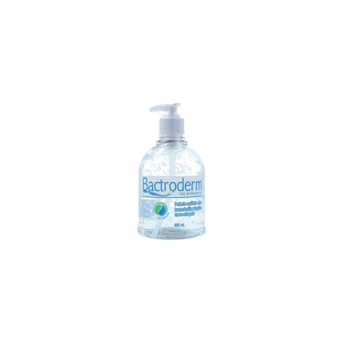 Bactroderm Gel Antibacterial de 490 ml, gel transparente a base de alcohol glicerinado, presentado en envase plástico.