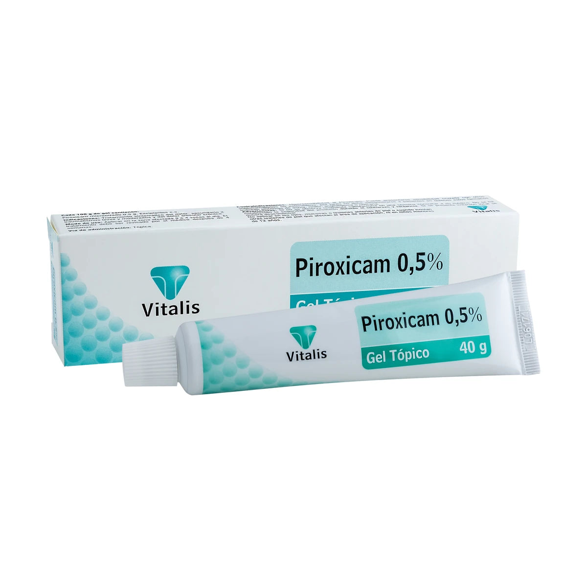 Gel antiinflamatorio Piroxicam 0.5% de 40g, tubo de plástico blanco con tapa azul, indicado para aliviar el dolor y la inflamación.