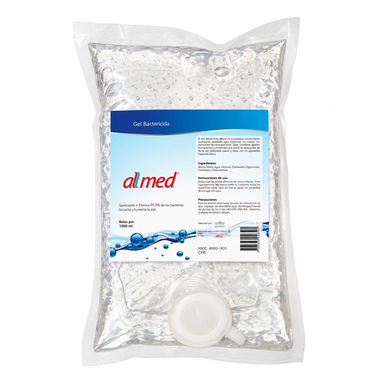 Gel bactericida Allmed 1000 ml con alcohol y clorhexidina en bolsa dispensadora para uso clínico