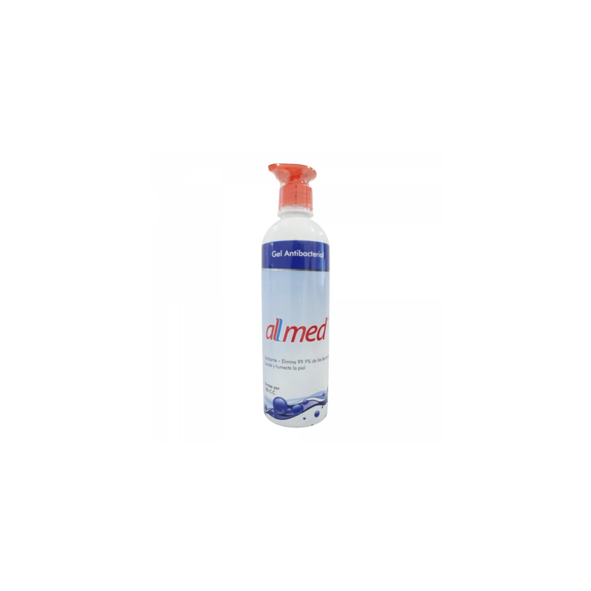 Gel bactericida Allmed de 500 cc, con alcohol glicerinado, en envase transparente, ideal para desinfección de manos.