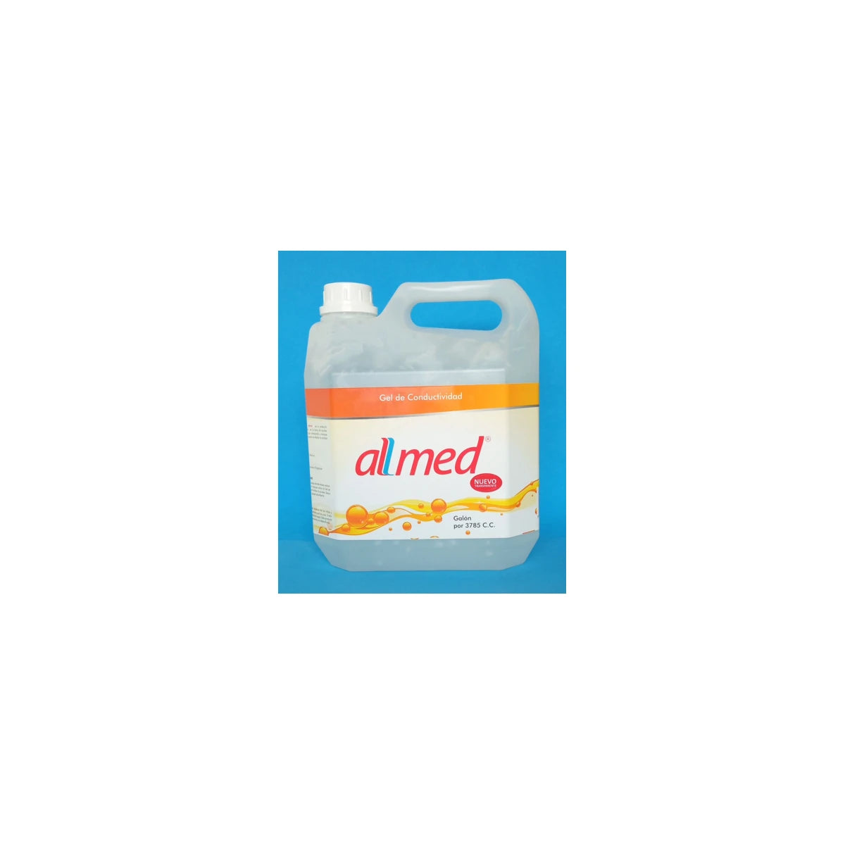 Gel de conductividad ultrasonido transparente de 3785 cc, marca Allmed, en envase de plástico con tapa, fondo blanco.