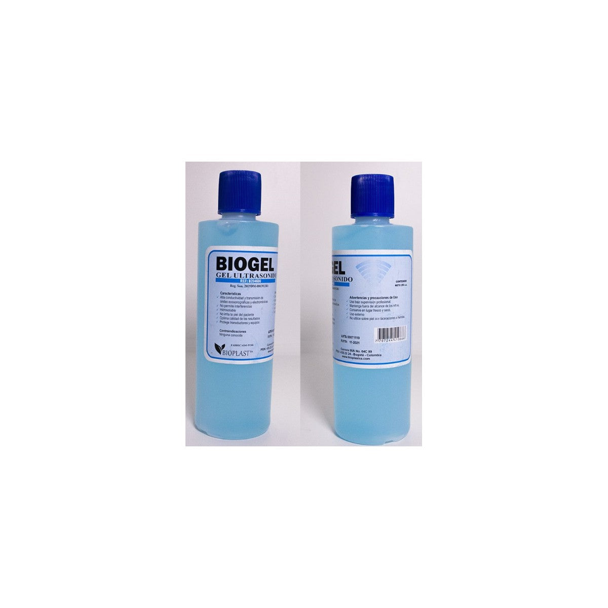 Gel para ultrasonido BIOPLAST S.A., viscosidad media, color transparente, en frasco de 250 cc, diseñado para optimizar la conductividad en diagnósticos.