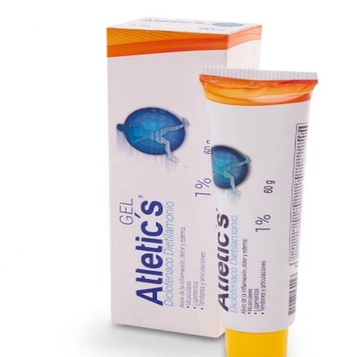 Gel antiinflamatorio Diclofenaco de 60 g en tubo, de la marca Atletic's, con textura suave y color transparente, ideal para uso tópico.