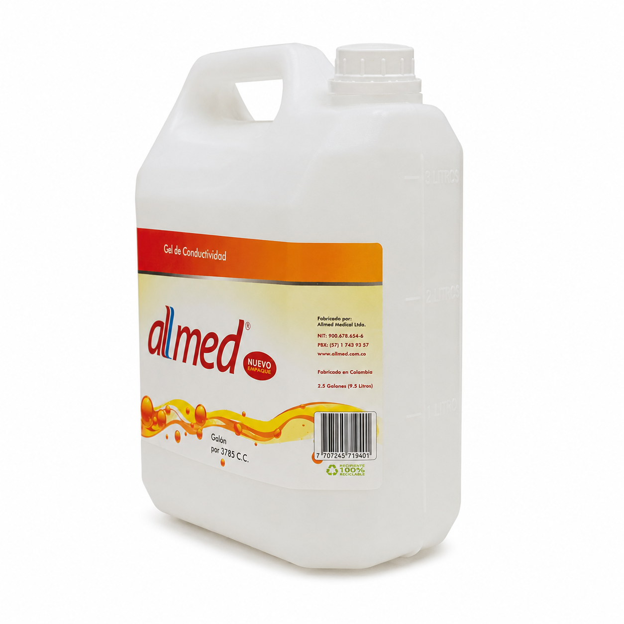 Gel transparente para ultrasonido Allmed 3785 cc en presentación galón, diseñado para mejorar la conductividad en procedimientos diagnósticos.