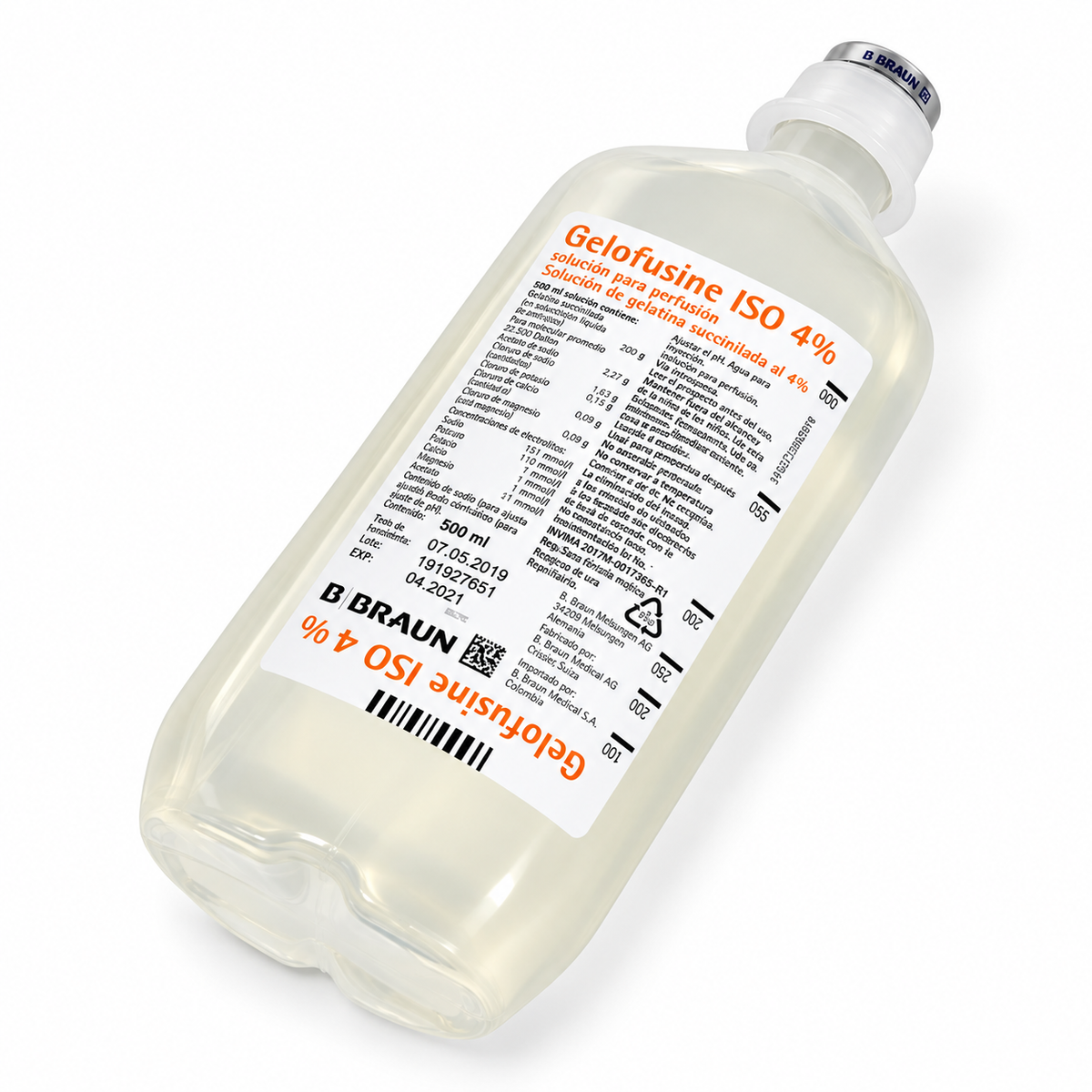 Gelofusine ISO 4% solución para perfusión en frasco Ecoflac de 500 ml, fabricado por B. Braun.