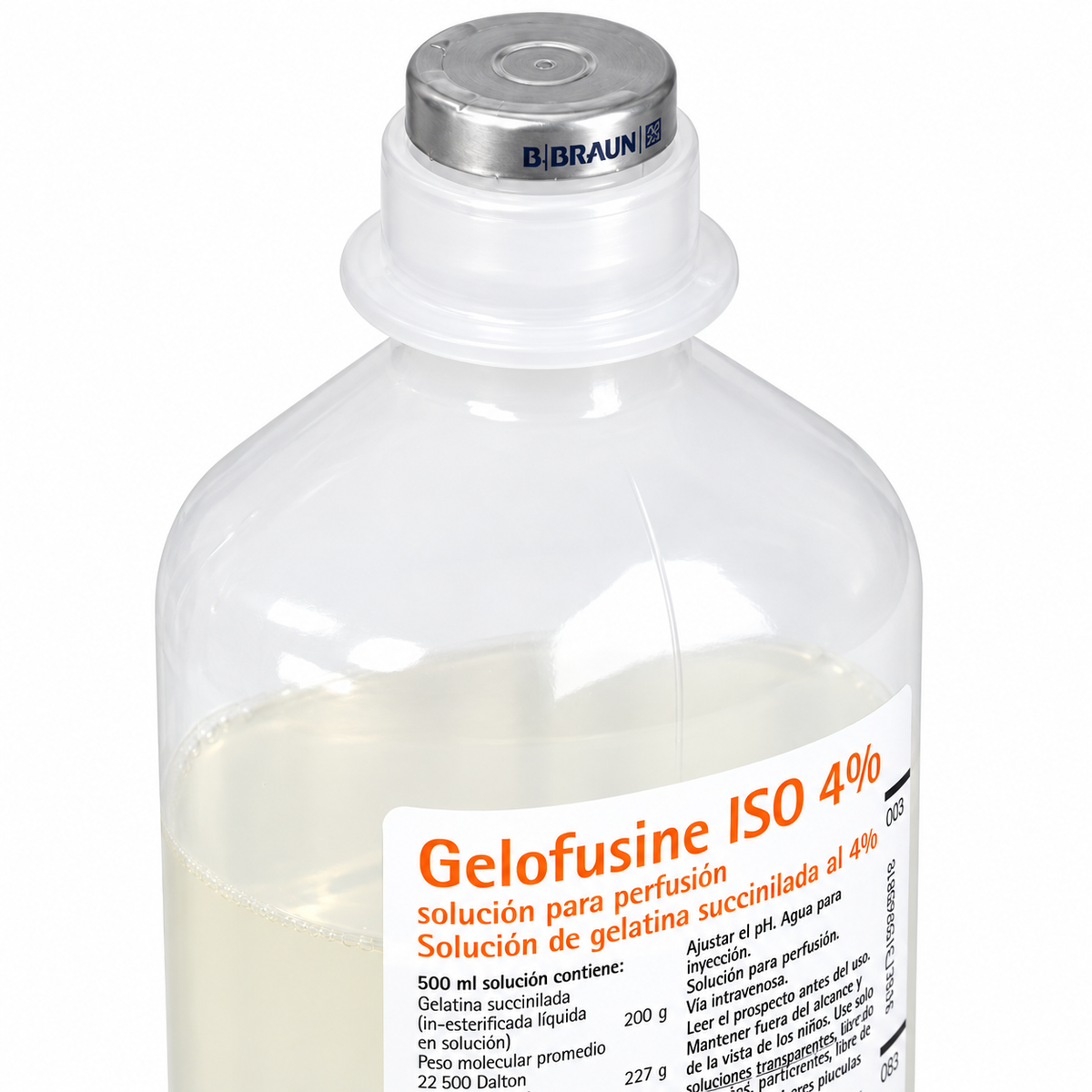 Gelofusine ISO 4% de B. Braun en frasco Ecoflac de 500 ml, solución para perfusión de uso hospitalario.