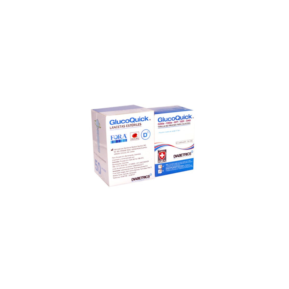 Tiras reactivas Glucoquick y lancetas regulares en caja plegadiza, 50 unidades cada uno, para autocontrol de glucosa en sangre.