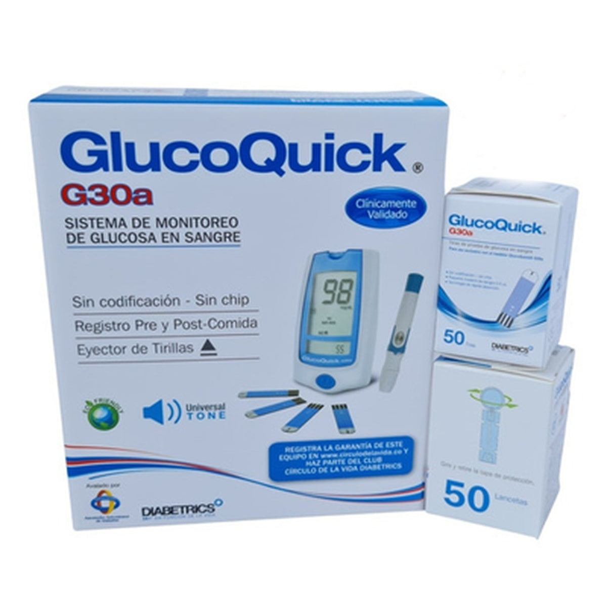 GlucoQuick G30A, sistema de monitoreo de glucosa en sangre, incluye glucómetro, 50 tiras y 50 lancetas, color blanco y azul, pantalla LCD.