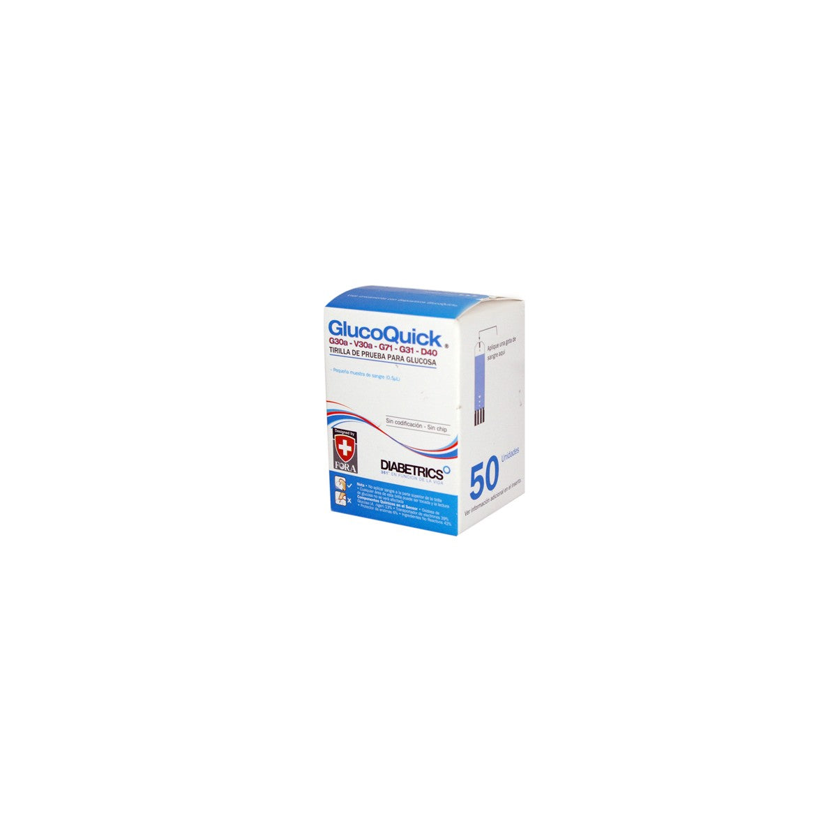 Glucometro institucional Glucoquick de Procaps, modelo G30A, en caja individual de 120x188x80 mm, color blanco, sin tiras reactivas.