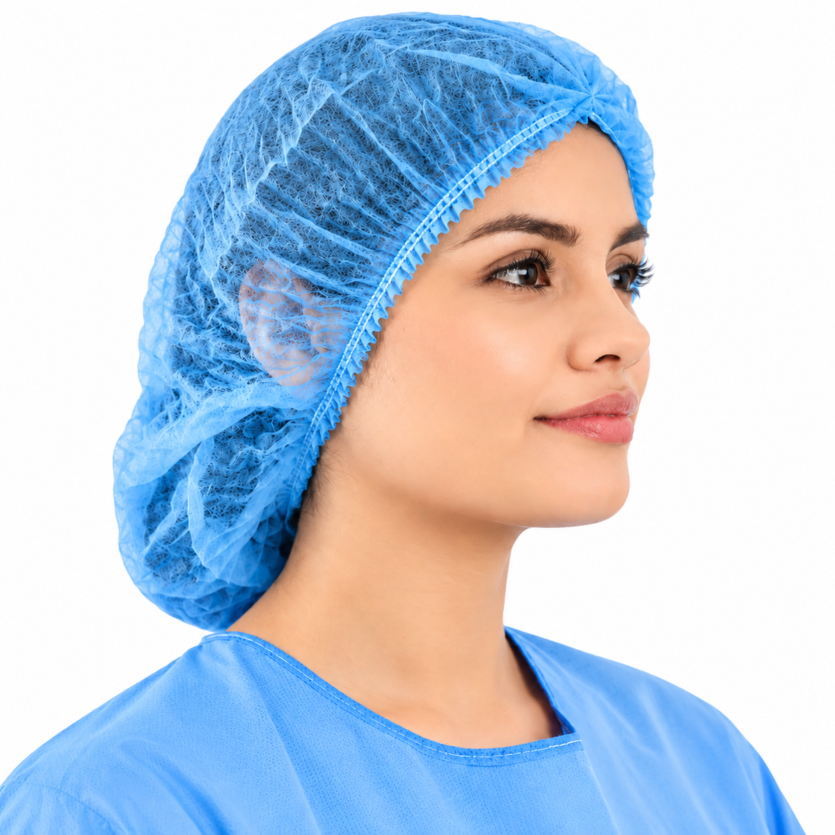Gorro desechable tipo oruga Allmed color azul, no estéril, paquete de 50 unidades para uso médico y hospitalario.