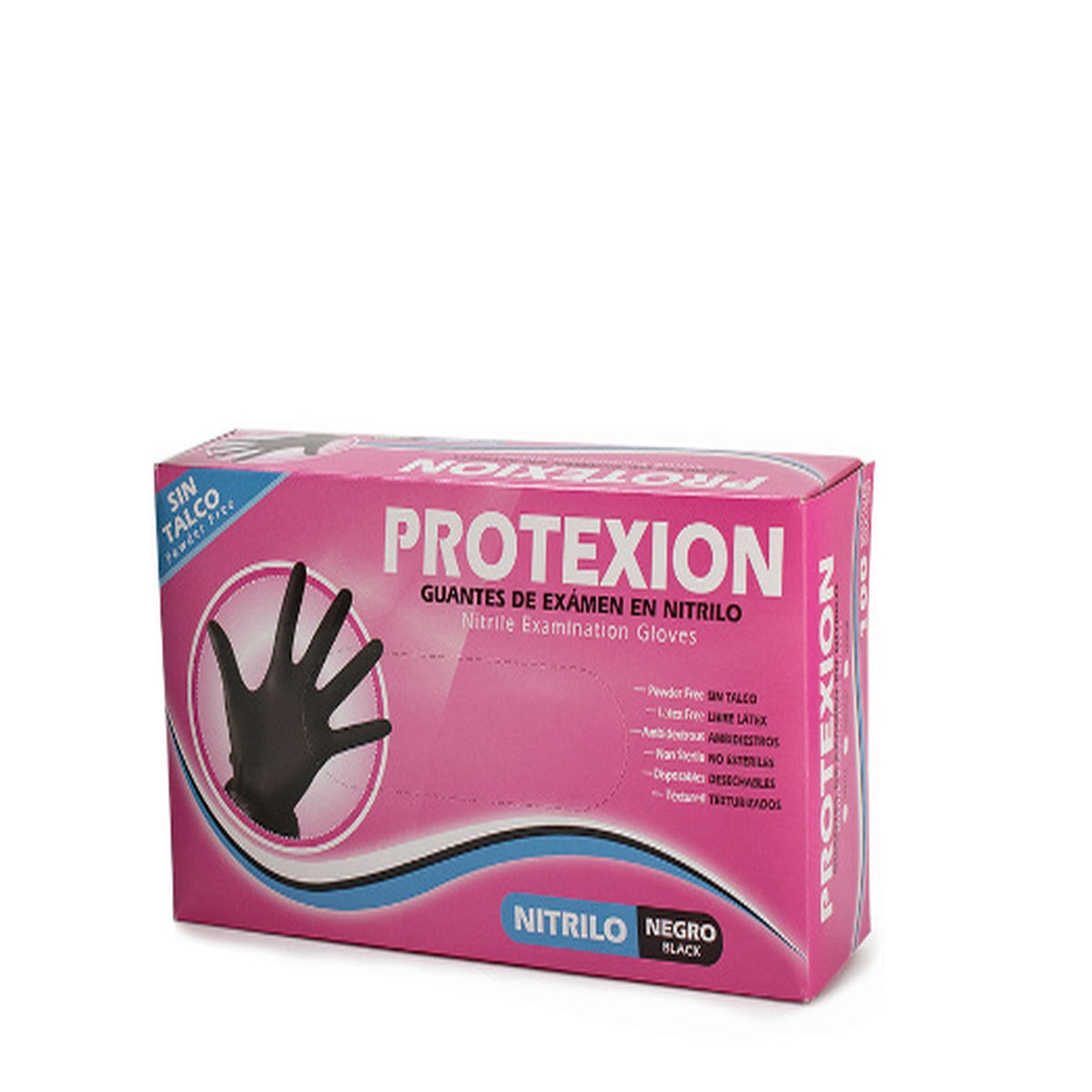 Guante de examen de nitrilo Protexion negro, talla M, ambidiestro, sin talco, con puños reforzados y superficie texturizada para mejor agarre.