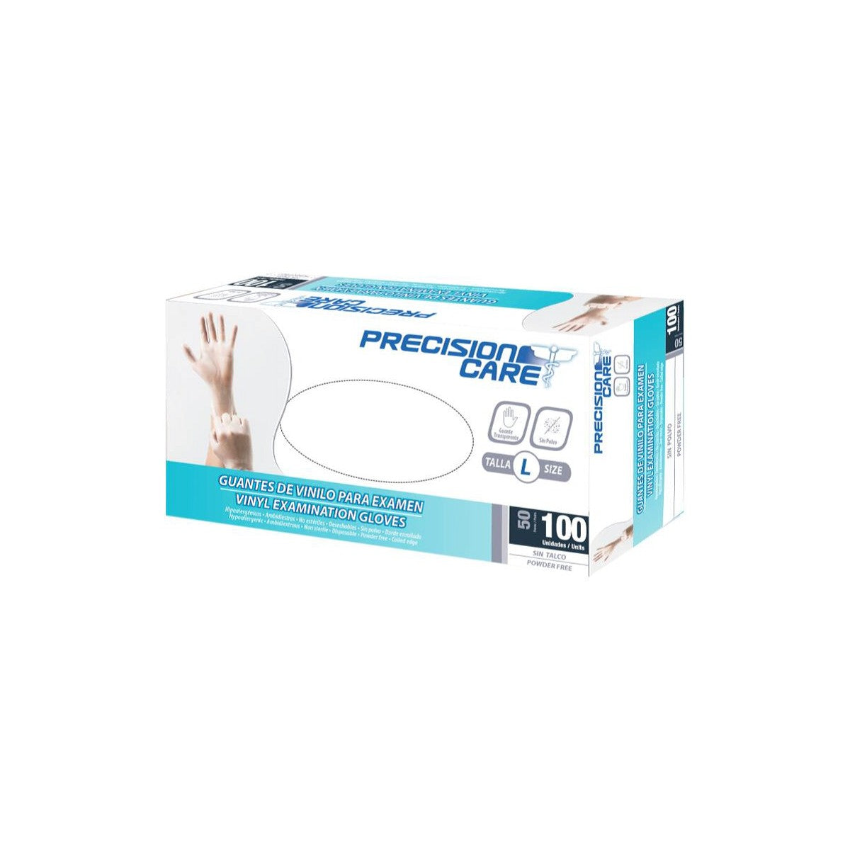 Guante de examen de vinilo transparente, talla L, paquete de 100 unidades, marca Precision Care, ideal para uso clínico.