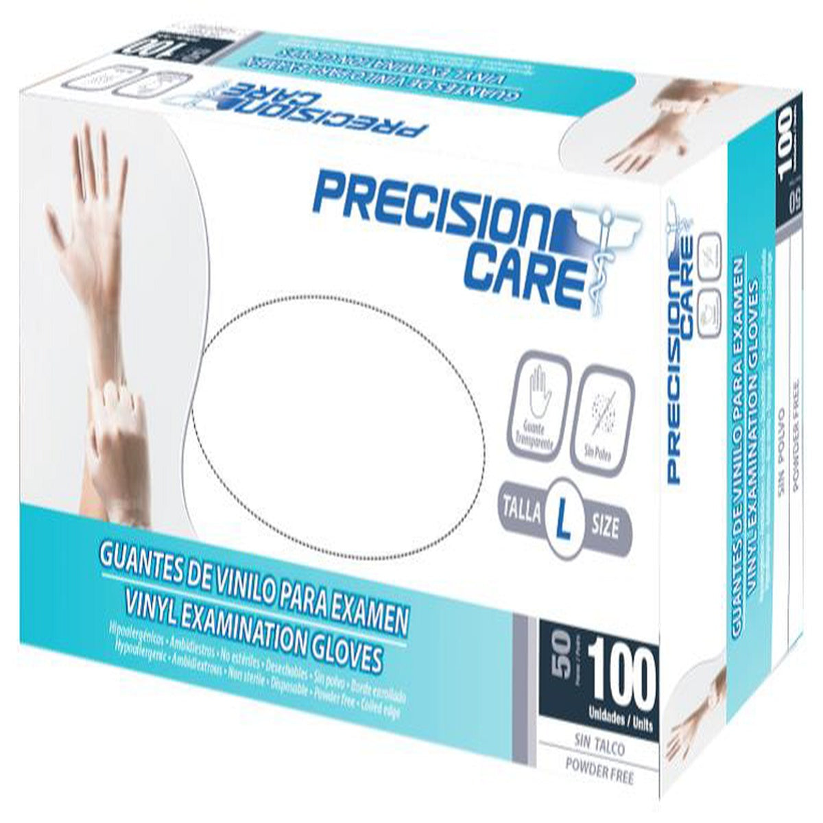 Guante de examen de vinilo transparente talla M, fabricado en PVC, ambidiestro, con puño resistente y borde enrollado, presentado en caja de 100 unidades.