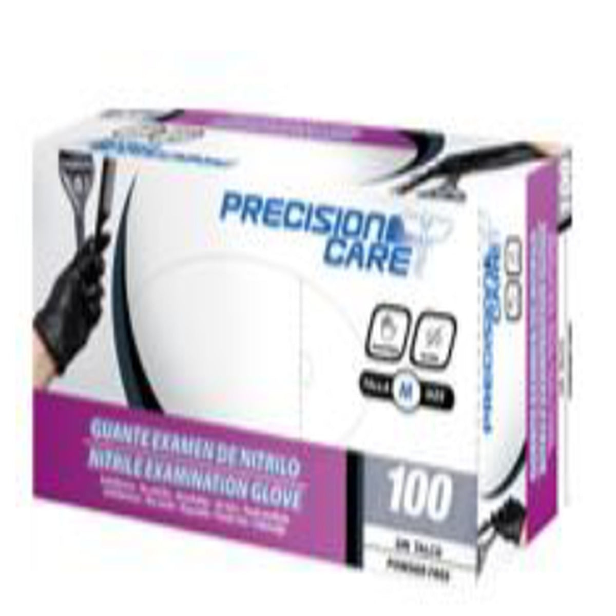 Guante de nitrilo negro, talla M, de Precision Care, con superficie rugosa y texturas en las yemas de los dedos, presentado en caja de 100 unidades.