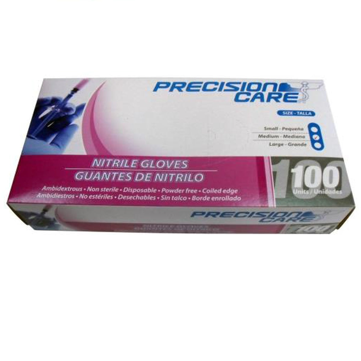 Guante de nitrilo no estéril, talla S, color azul, con superficie rugosa y texturas en las yemas de los dedos, presentado en caja de 100 unidades.