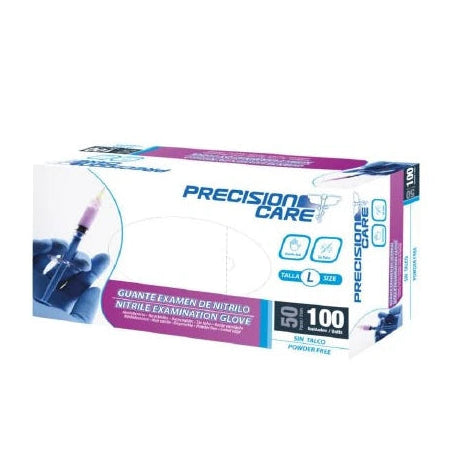 Guantes de nitrilo sin talco, talla L, color azul, marca Precision, presentados en caja de 100 unidades sobre fondo blanco.