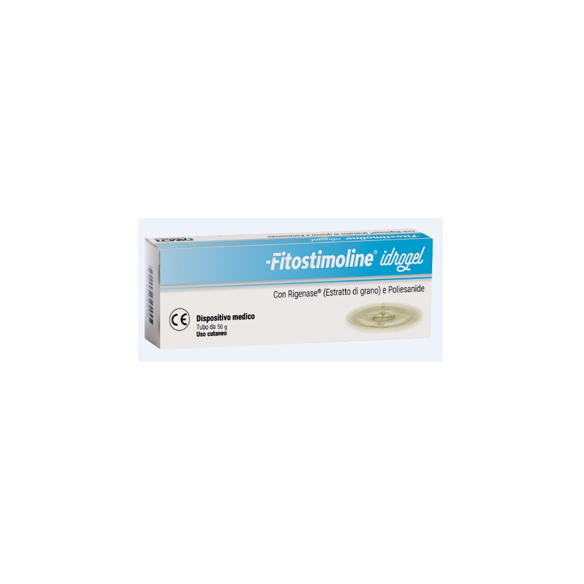 Fitostimoline Hidrogel 50g, gel transparente para el cuidado avanzado de la piel, en envase de 50 gramos, fondo blanco.