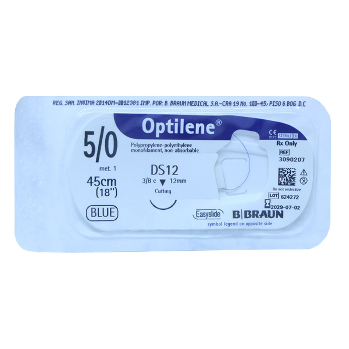 Sutura quirúrgica monofilamento OPTILENE 5/0 DS12 de B. BRAUN, color azul, 45 cm, con aguja de acero inoxidable, para ligadura de tejidos.