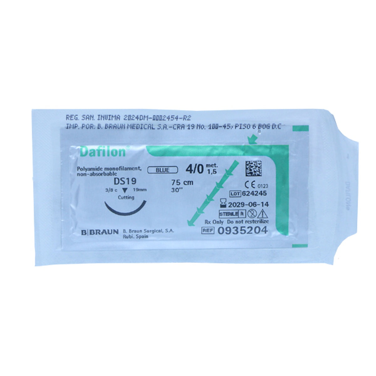 Sutura quirúrgica estéril DAFILON 4/0 DS19 de B. BRAUN, monofilar, no absorbible, color azul, 75 cm de longitud, para cierre de tejidos blandos.