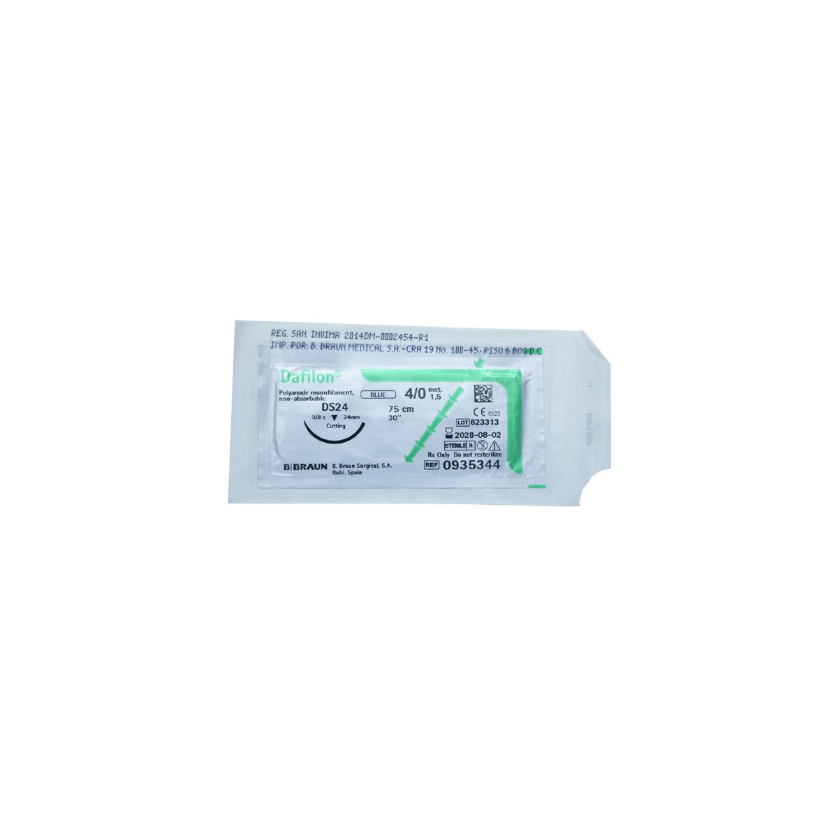 Hilo quirúrgico DAFILON 4/0 DS24 de 75 cm, color verde, fabricado por Braun, presentado en un fondo blanco.