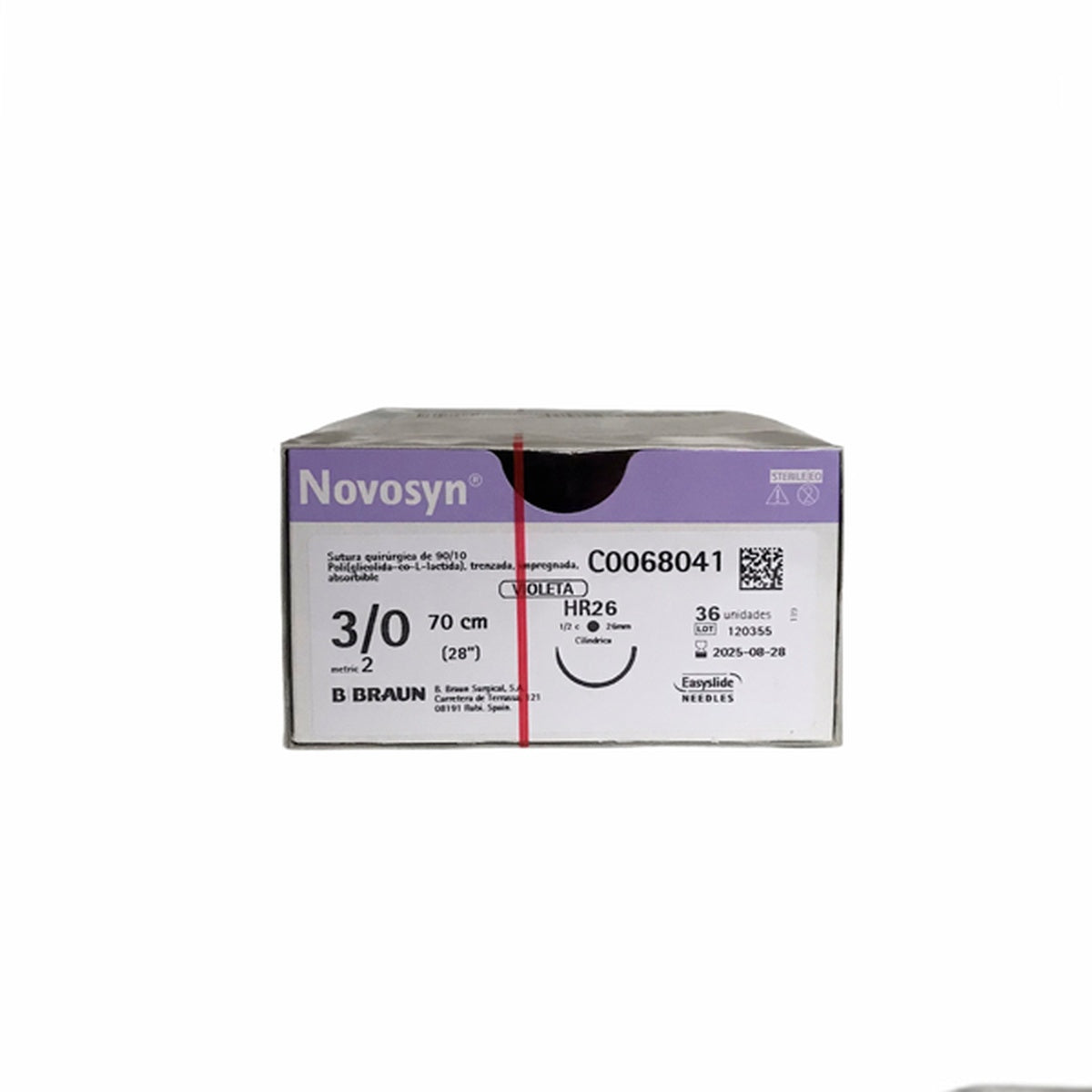 Sutura absorbible Novosyn® violeta 3/0 HR26 de 70 cm, fabricada por B.Braun, compuesta por copolímero de glicolato y L-lactato.