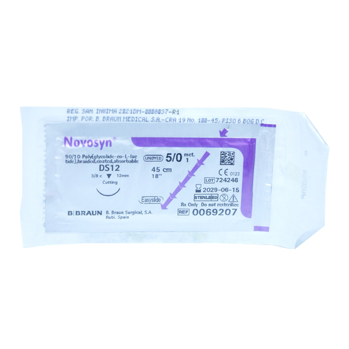 Sutura absorbible Novosyn® 5/0 de B. Braun, trenzada, color incoloro, 45 cm de longitud, presentada en sobre estéril.