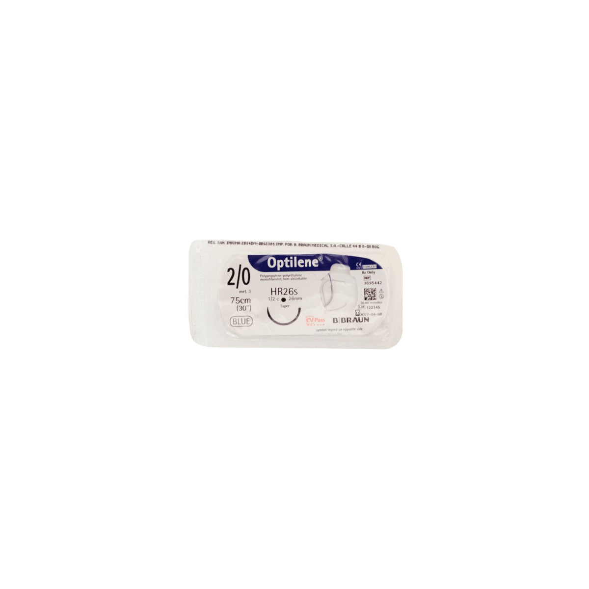 Hilo quirúrgico Braun Optilene 2/0 HR26S de 75 cm, color verde, con textura suave y resistencia adecuada para suturas.