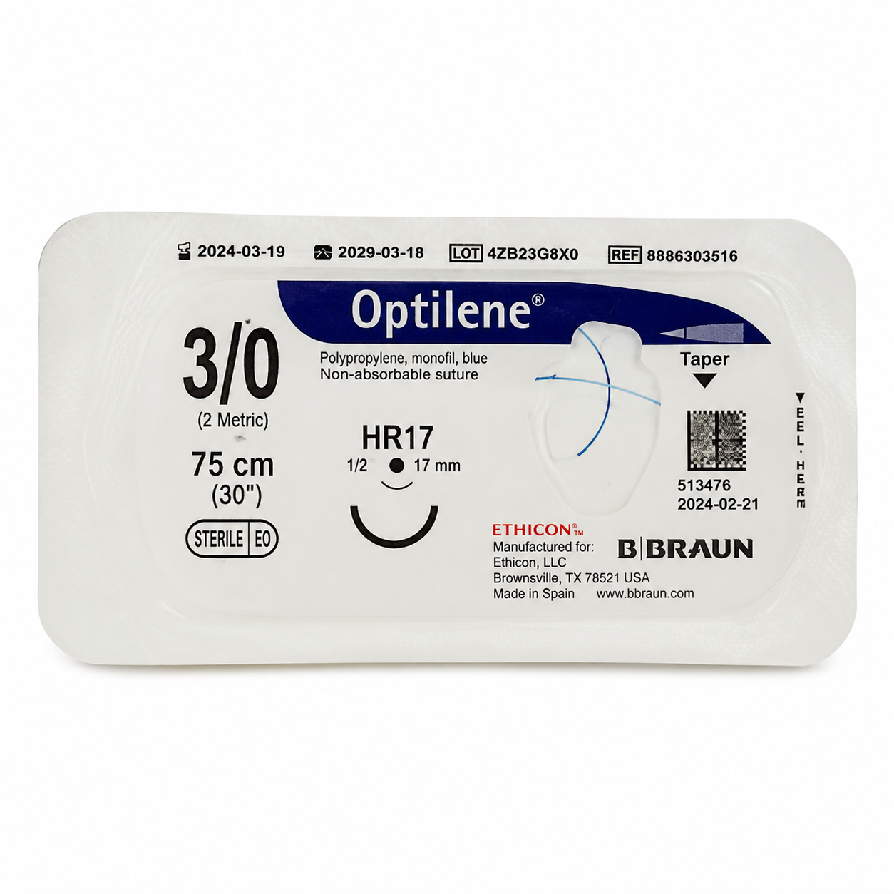 Braun Optilene 3/0 HR17 Hilo Quirúrgico 75cm