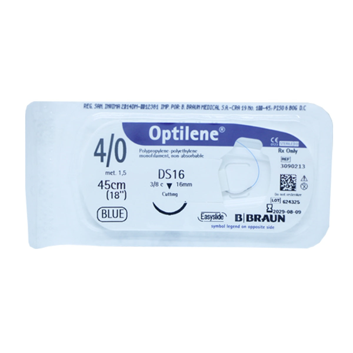 Sutura quirúrgica monofilar no absorbible OPTILENE 4/0 DS16 de B. Braun, con hilo de polipropileno azul y aguja de acero inoxidable de 45 cm.