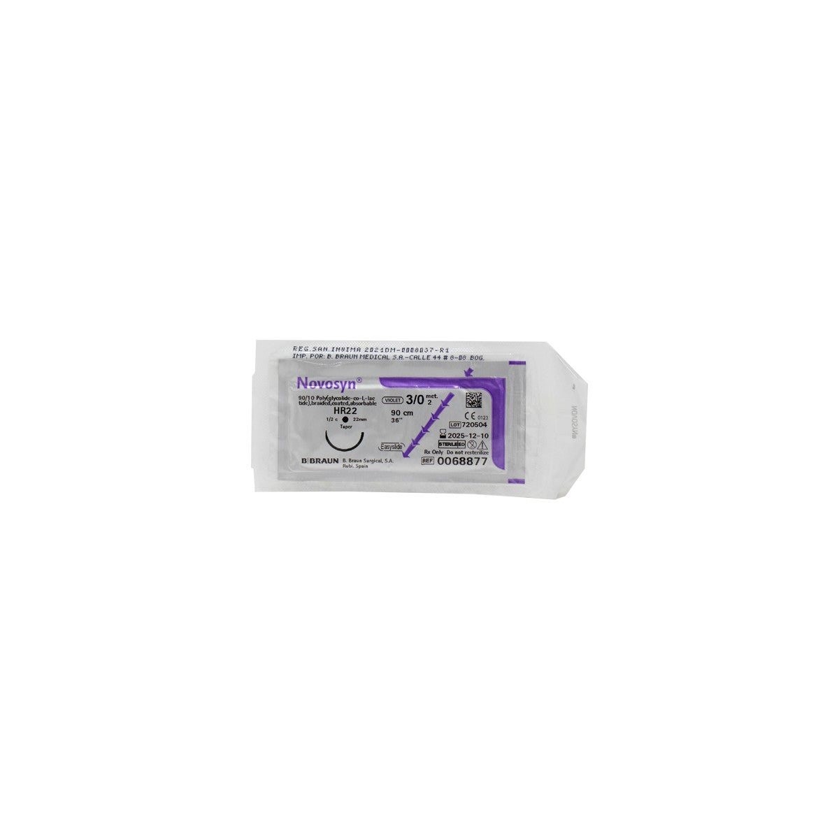 Hilo quirúrgico Novosyn Violeta 3/0 HR22 de 90 cm, fabricado por Braun, con un acabado suave y flexible para suturas precisas.