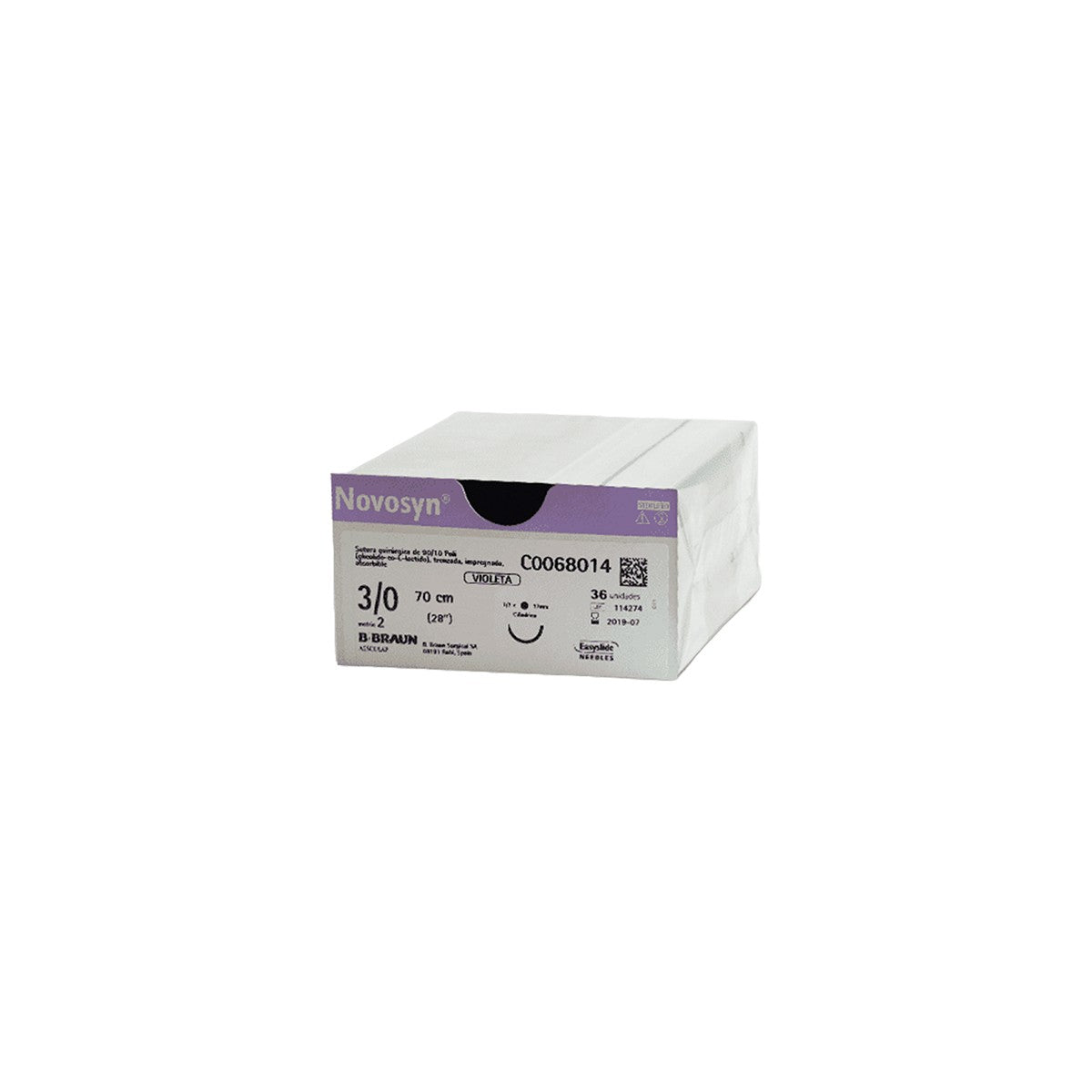 Hilo quirúrgico Novosyn Violeta 3/0 DS24 de 70 cm, material sintético, color violeta, presentado en un empaque estéril.