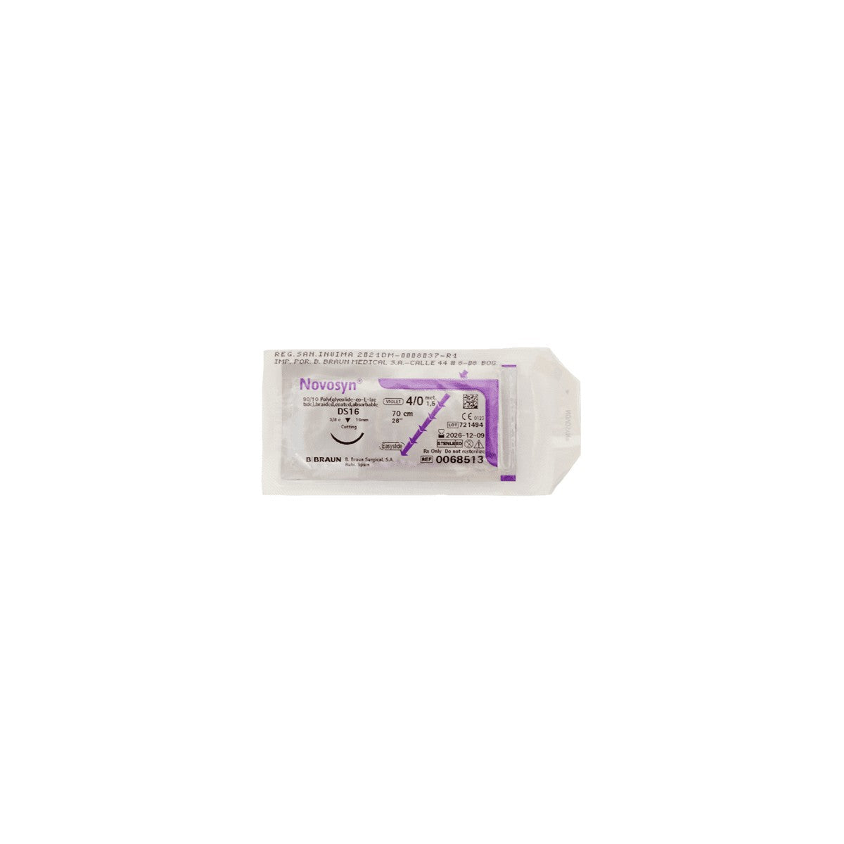 Hilo quirúrgico Novosyn Violeta 4/0 DS16 de 70 cm, material sintético, color violeta, presentado en un fondo blanco.