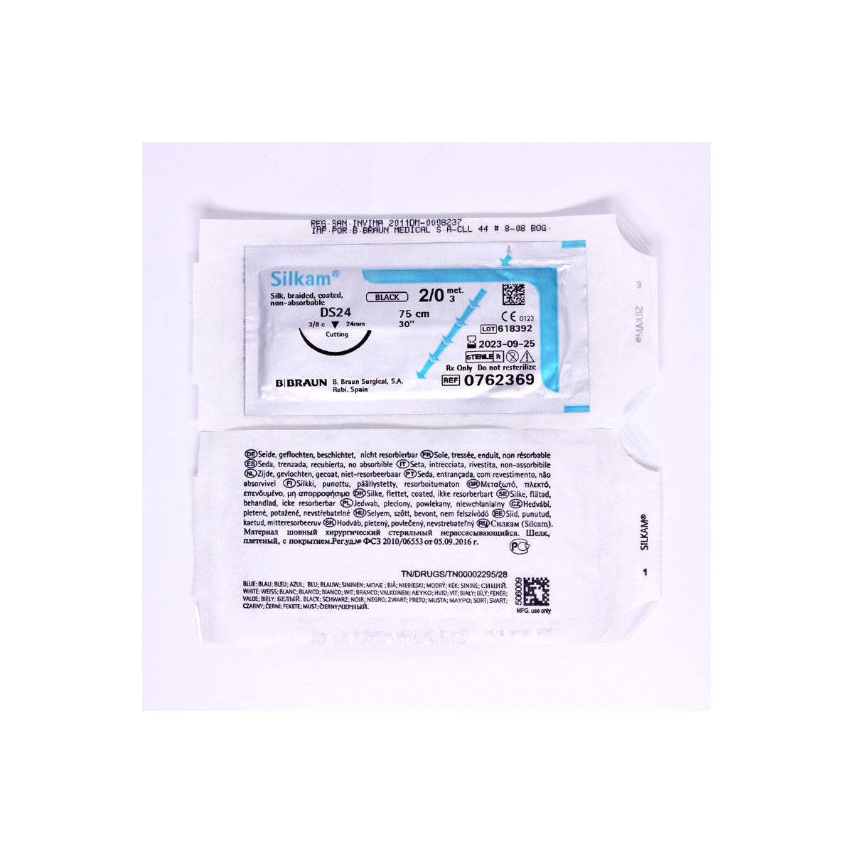 Hilo quirúrgico premium Seda Silkam 2/0 DS24 de 75 cm en color marrón, presentado en un fondo blanco.