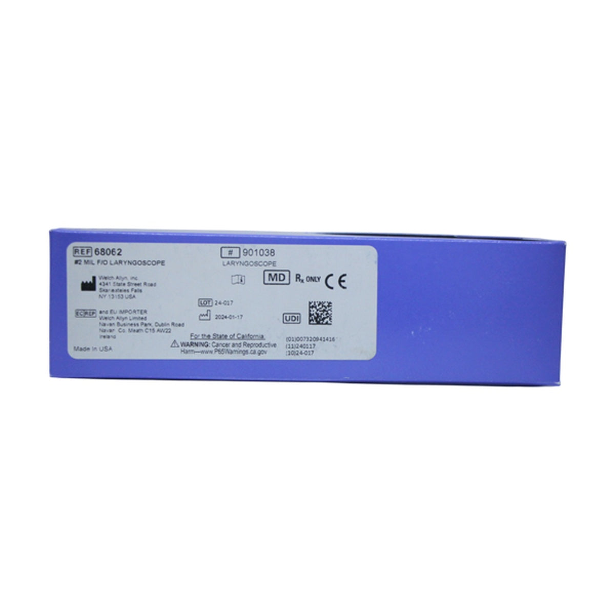 Hoja laringo de fibra óptica recta #2, marca Welch Allyn, fabricada en acero inoxidable, con diseño liviano y curvatura para intubación.