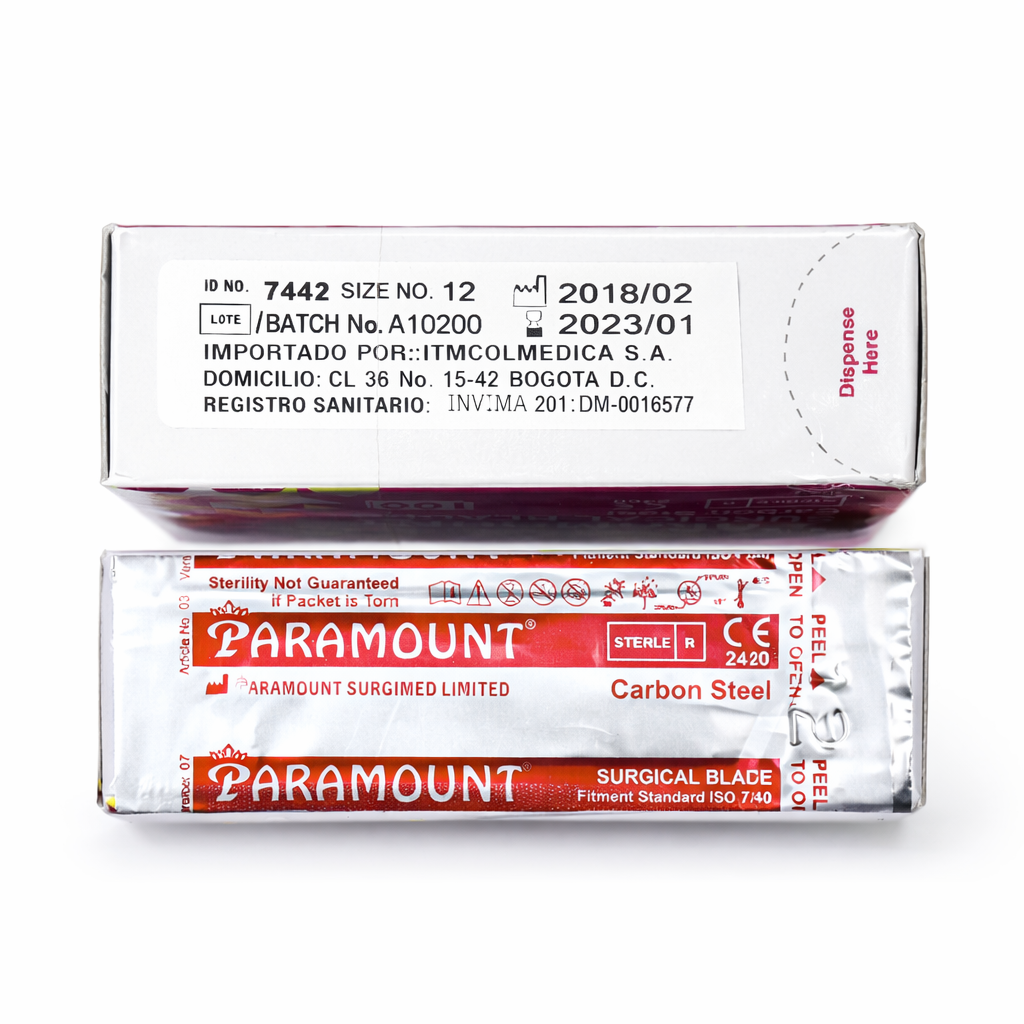 Hojas bisturí #12 de Paramount, 10 unidades, fabricadas en acero inoxidable, con un acabado brillante y afilado para precisión médica.