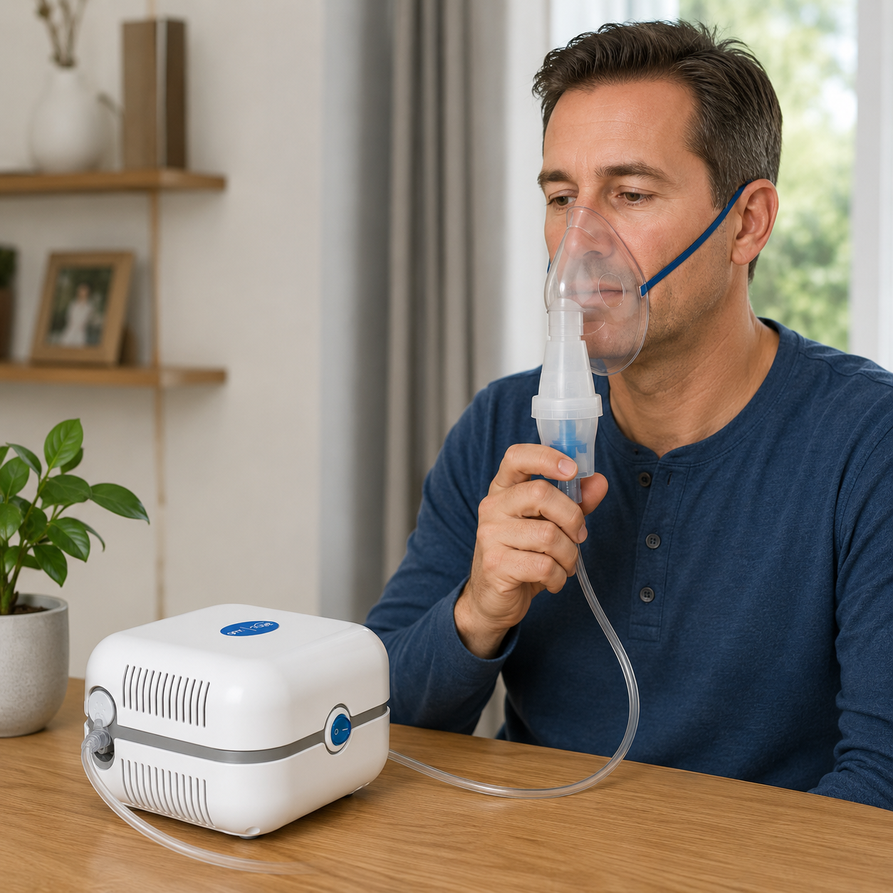 Hombre utilizando nebulizador compresor Nube 3000 GMD con mascarilla durante una terapia respiratoria en casa