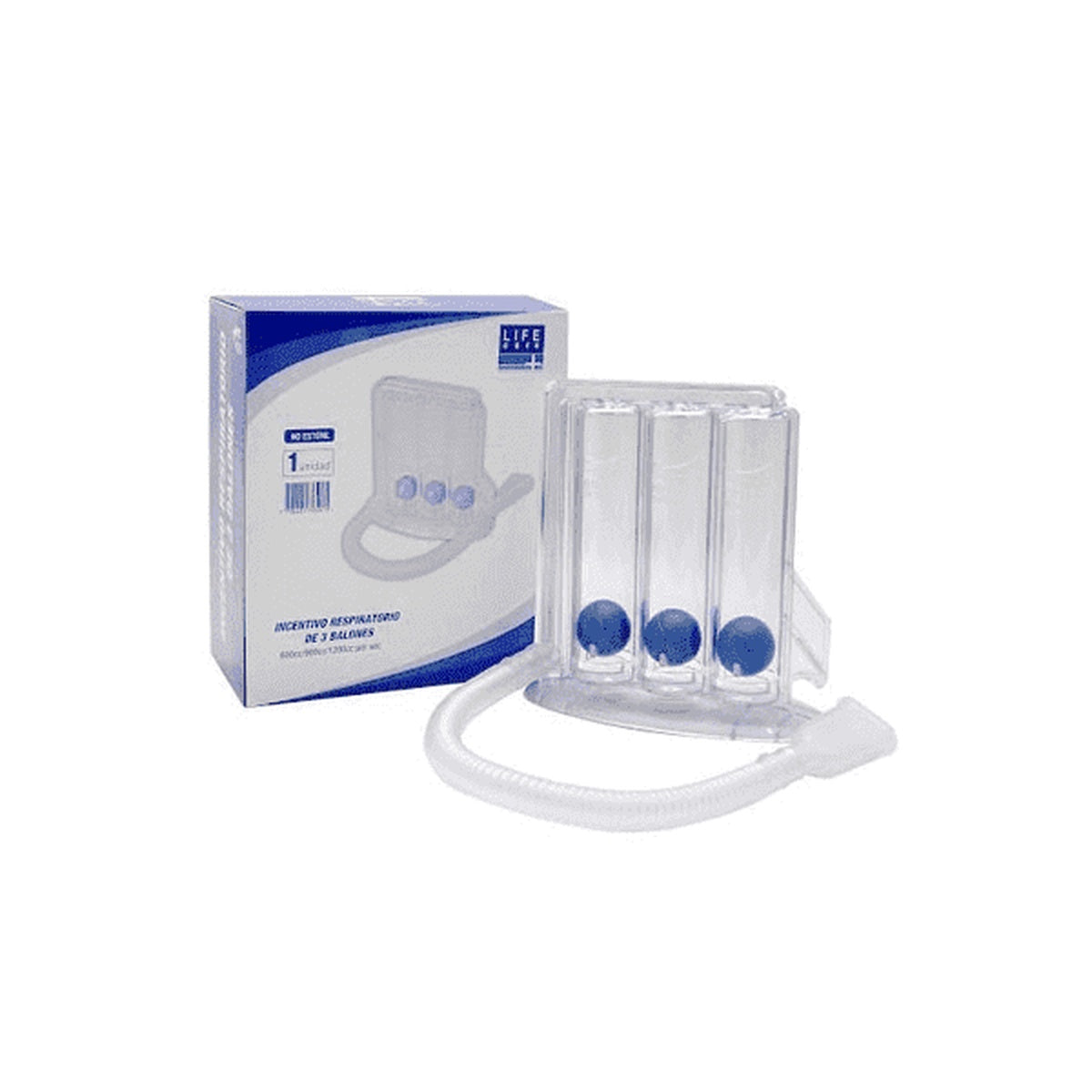 Incentivo respiratorio de 3 bolas adulto Life Care, dispositivo médico no invasivo con boquilla, cámaras de aire y balón de estímulo.